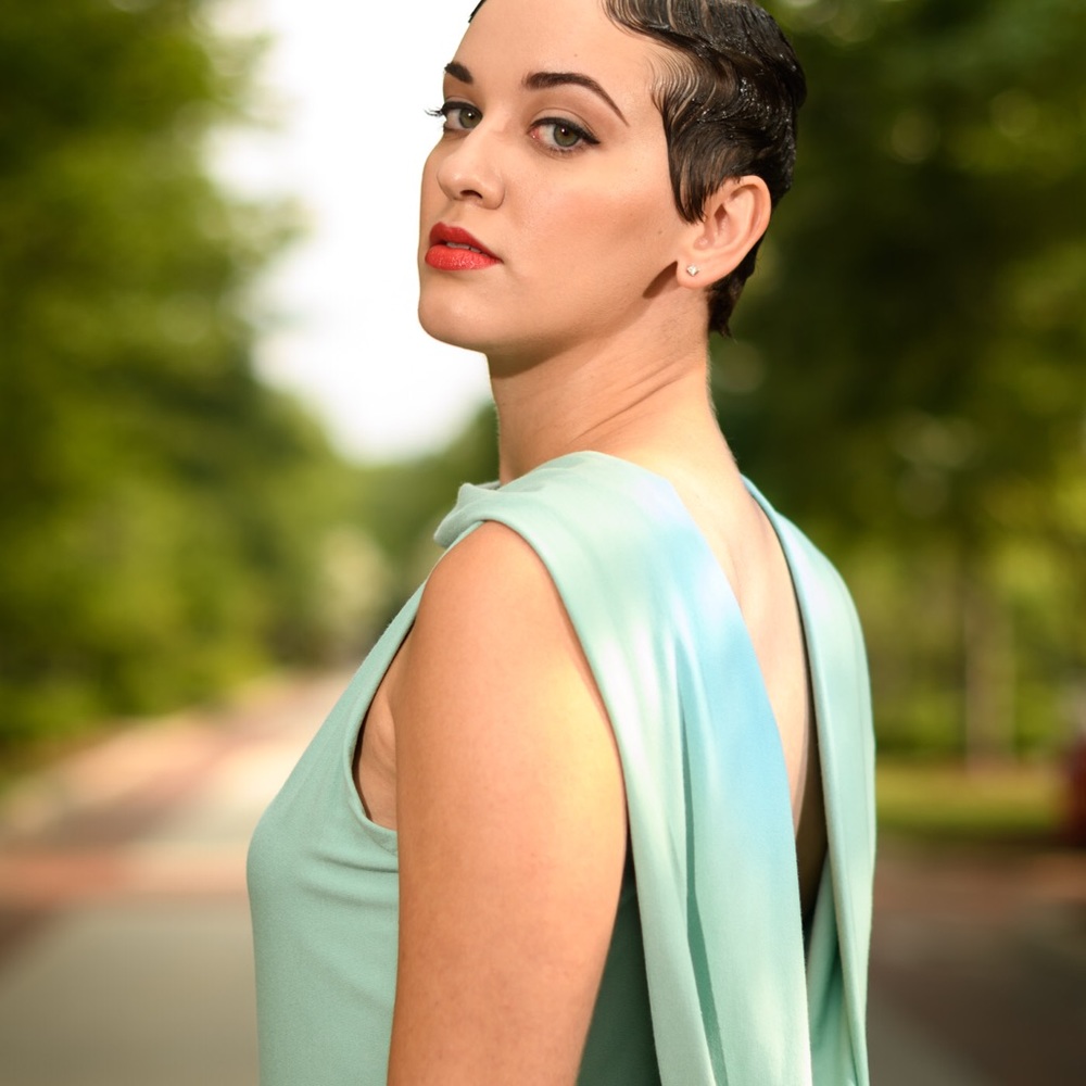 Knit cowl back dress.